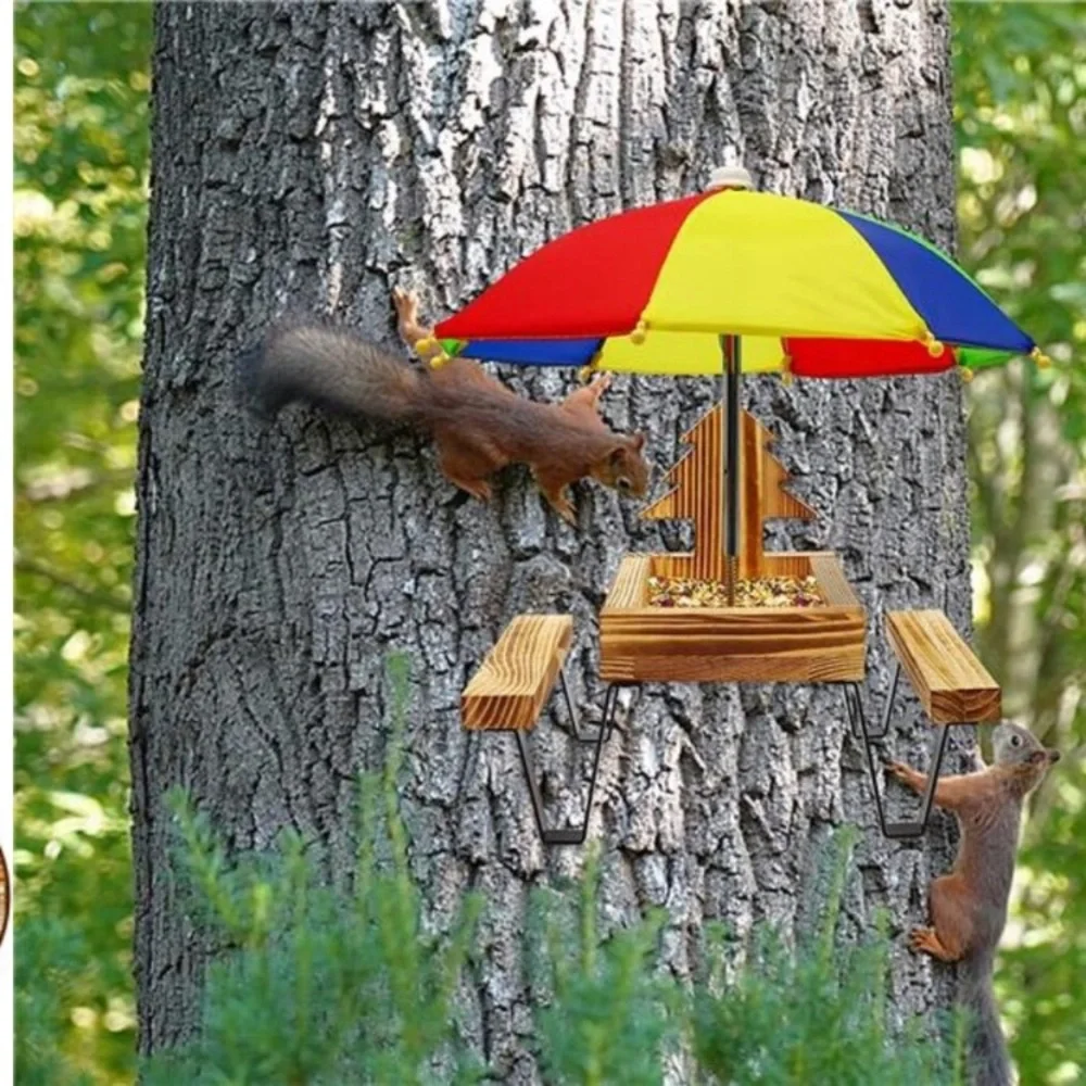 Squirrel Feeder, Squirrel Picnic Table Feeder for Outside with Umbrella Benches